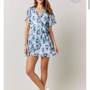 Francesca's Collections Blue Floral Wrap Mini Dress
